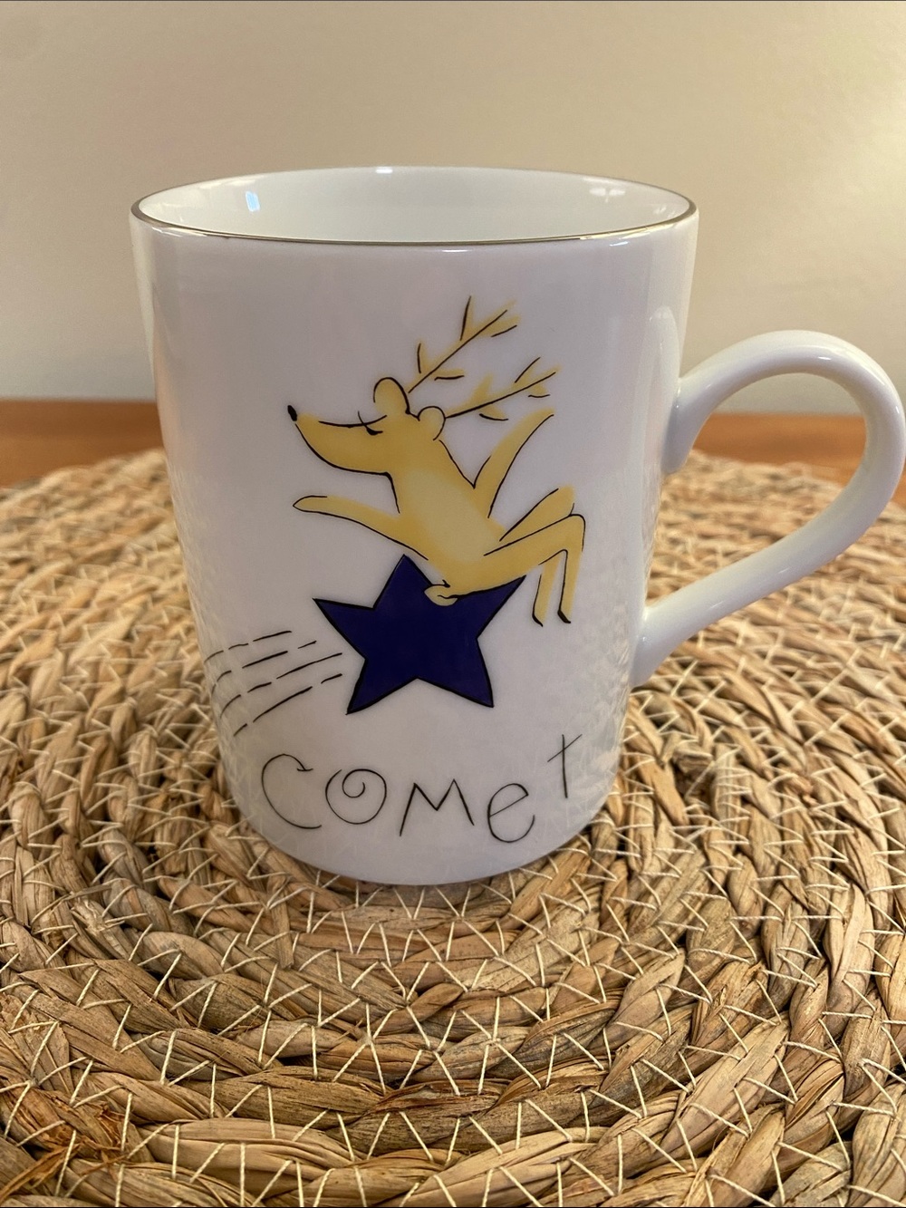 Pottery Barn Reindeer “Comet” Holiday Mug Silver Lined Rim New Never Used
